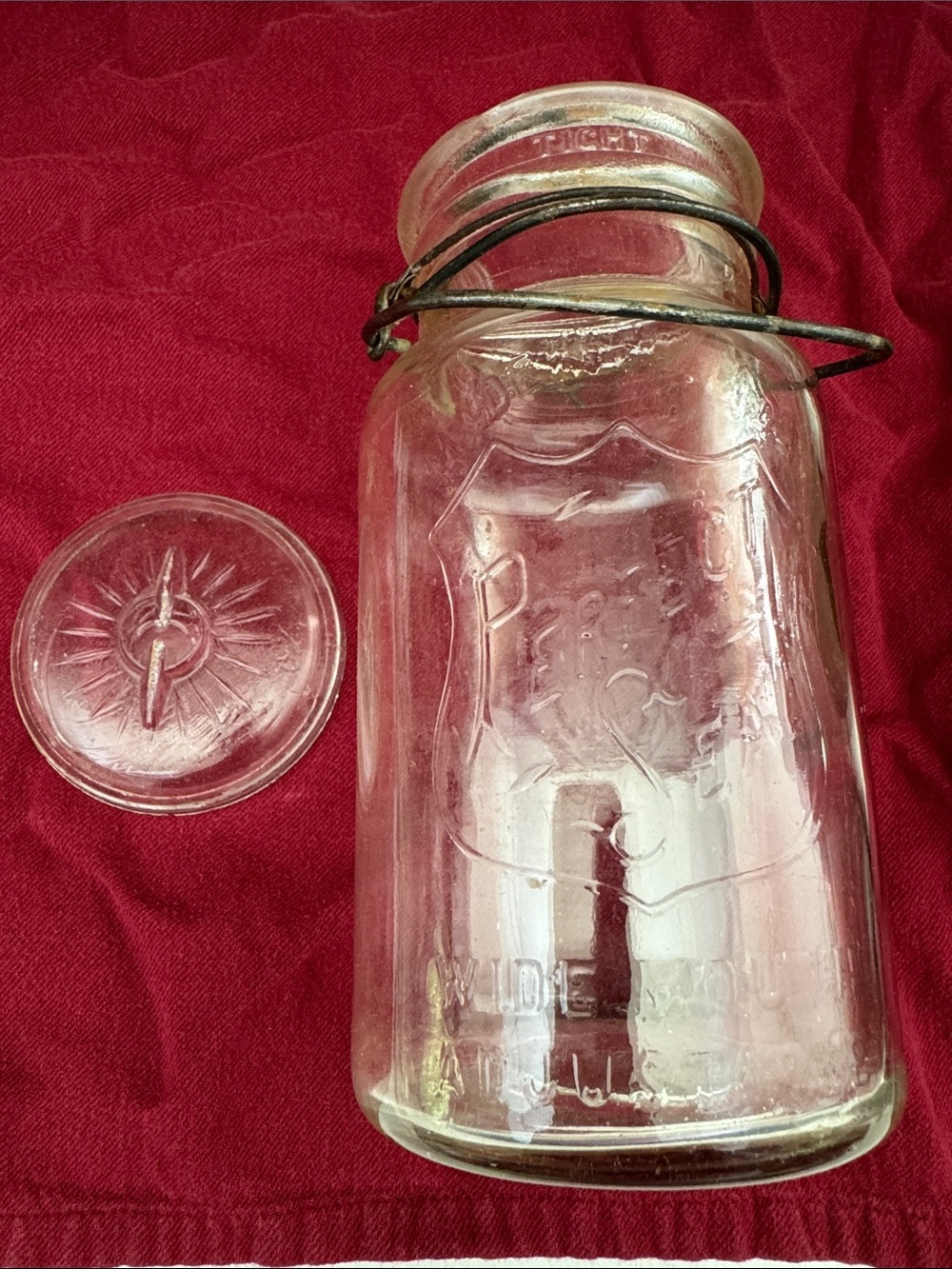 Vintage Glass mason Jar with glass lid - clamp down - made in Canada liter jar
